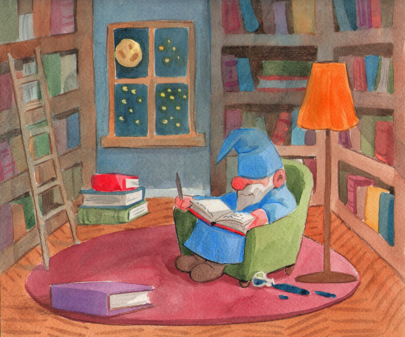 Watercolor art of a gnome falling asleep while writing in a cozy library.